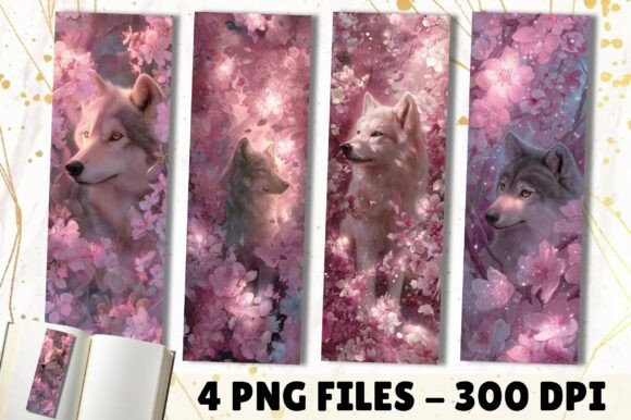 Cherry Blossom Wolf Floral Bookmark: A Design Asset for Branding