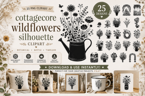 Cottagecore Wildflowers Silhouette: Botanical Charm for Design