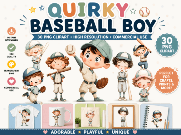 Quirky Baseball Boy Clipart: A Playful Design Asset