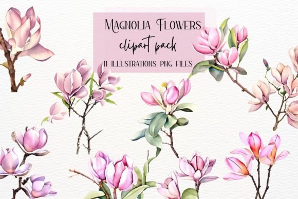 Watercolor Magnolia Clipart: Elegant Floral Design Assets