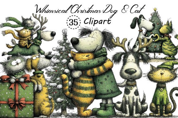 Whimsical Christmas Dog & Cat Clipart for Festive Designs